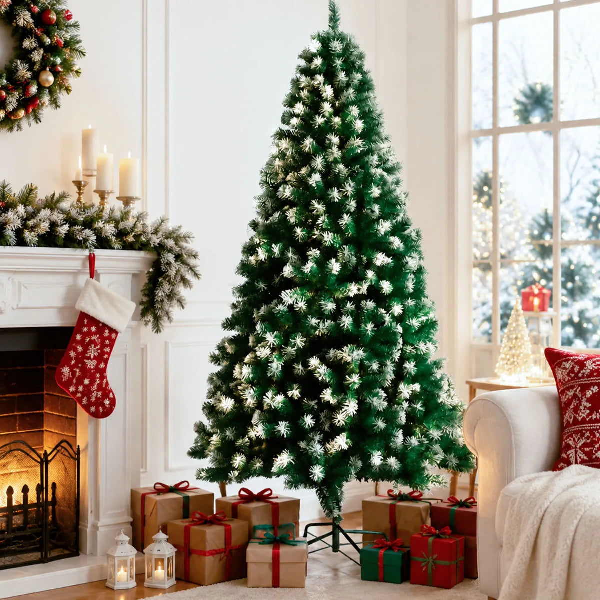 Flocked Artificial Christmas Tree With Foldable Metal Base Unlit