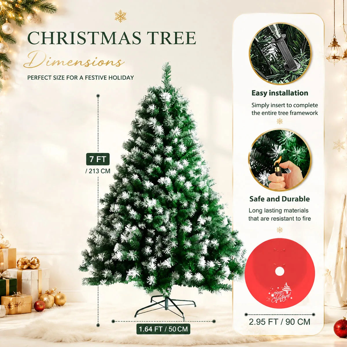 Frosted Artificial Christmas Tree With Snowy Pine Branches And Stand