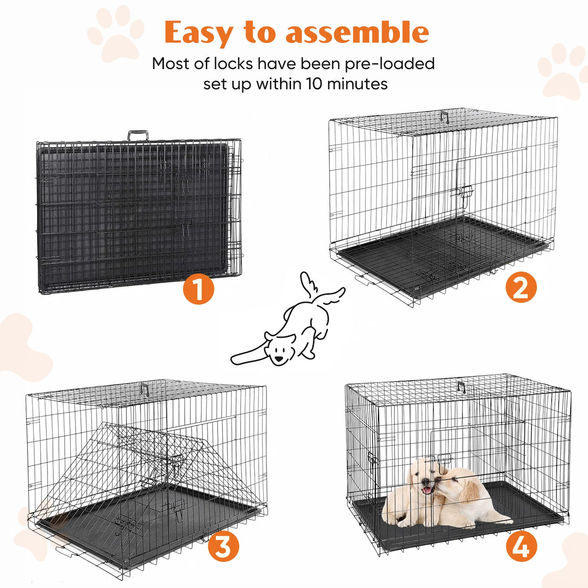 JHK Double Door Folding Metal Wire Dog Crate With Leak Proof Tray