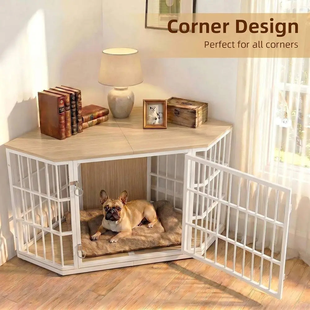 Large Wooden Dog Crate Furniture End Table With Lockable Design