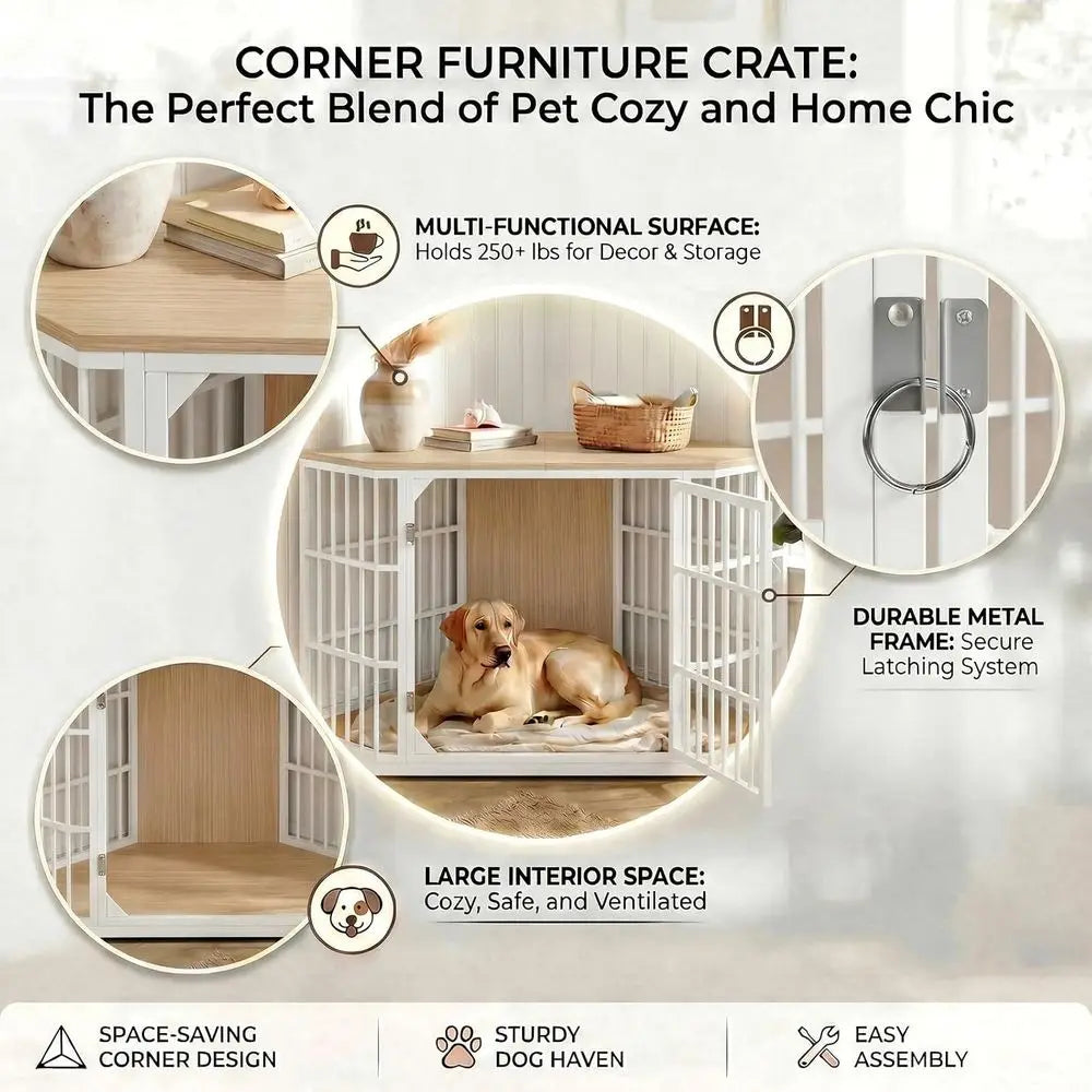 Large Wooden Dog Crate Furniture End Table With Lockable Design