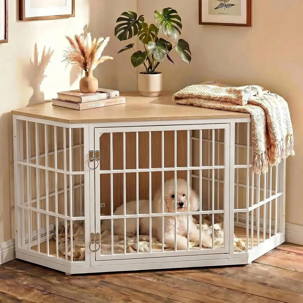 Large Wooden Dog Crate Furniture End Table With Lockable Design