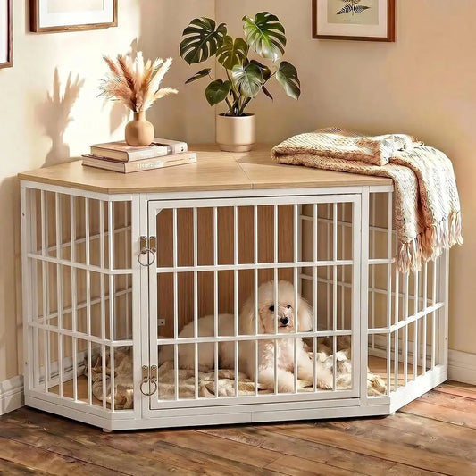 Large Wooden Dog Crate Furniture End Table With Lockable Design