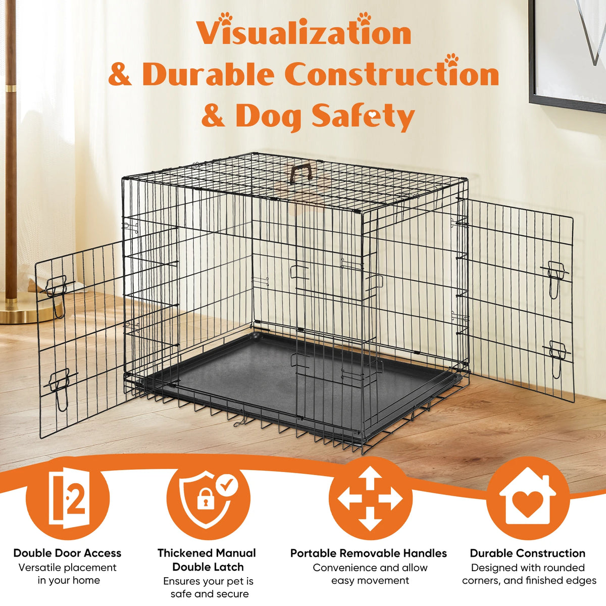 JHK Double Door Folding Metal Wire Dog Crate With Leak Proof Tray