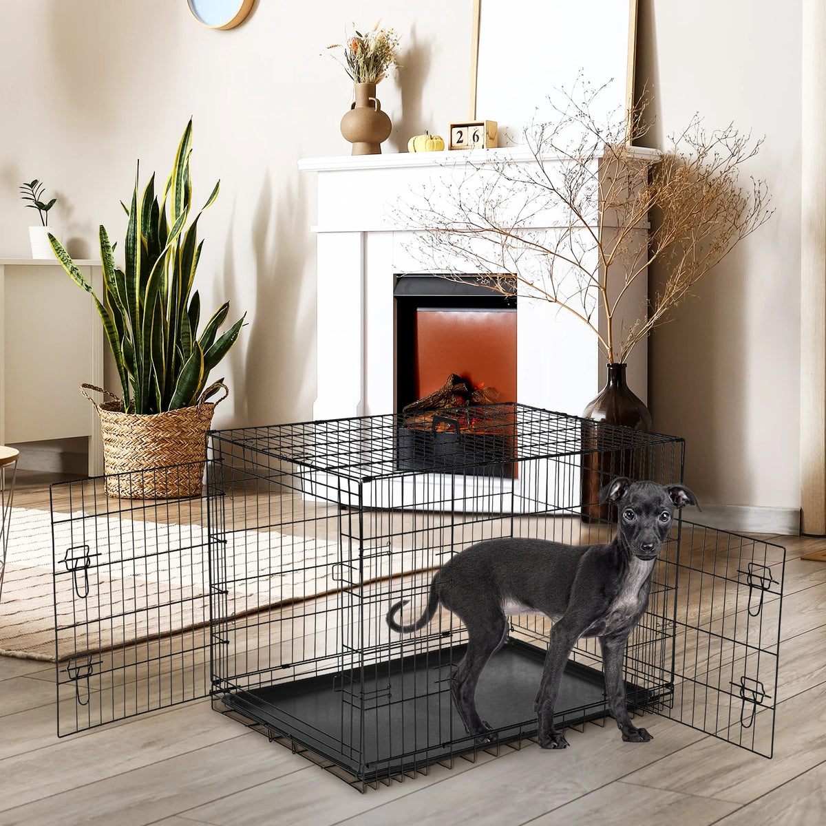 JHK Double Door Folding Metal Wire Dog Crate With Leak Proof Tray