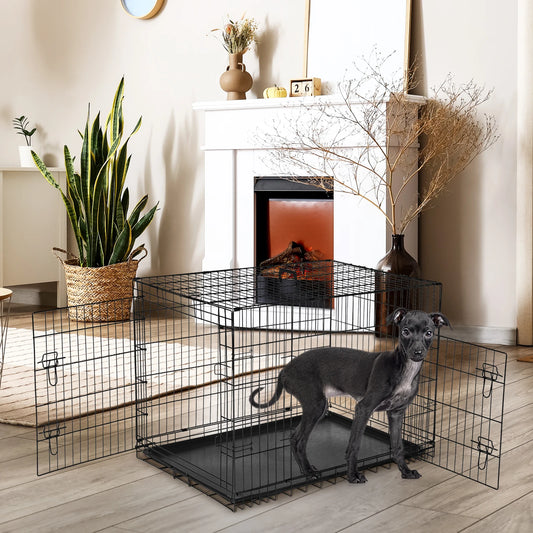 JHK Double Door Folding Metal Wire Dog Crate With Leak Proof Tray