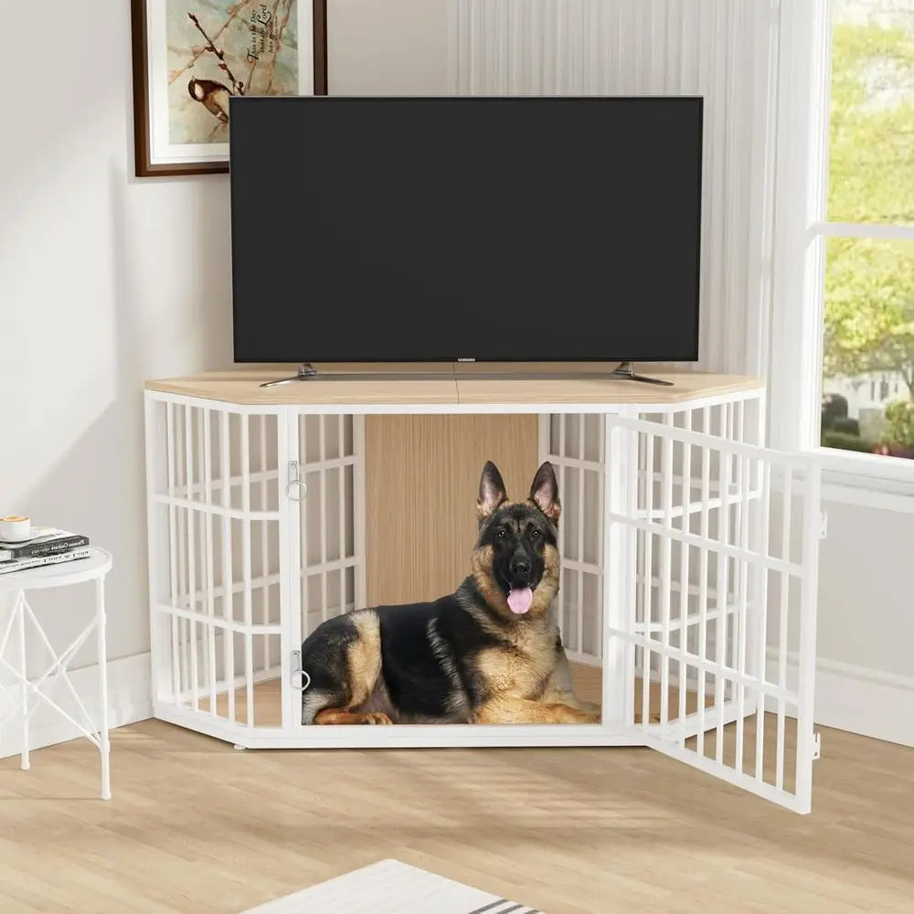 Large Wooden Dog Crate Furniture End Table With Lockable Design